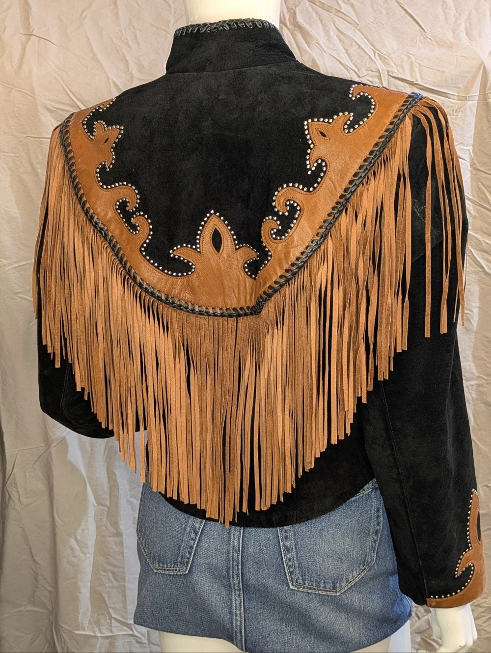 Vintage Diamond Leather Black And Brown Western Jacket Fringe Studs Made In USA - Picture 7 of 10